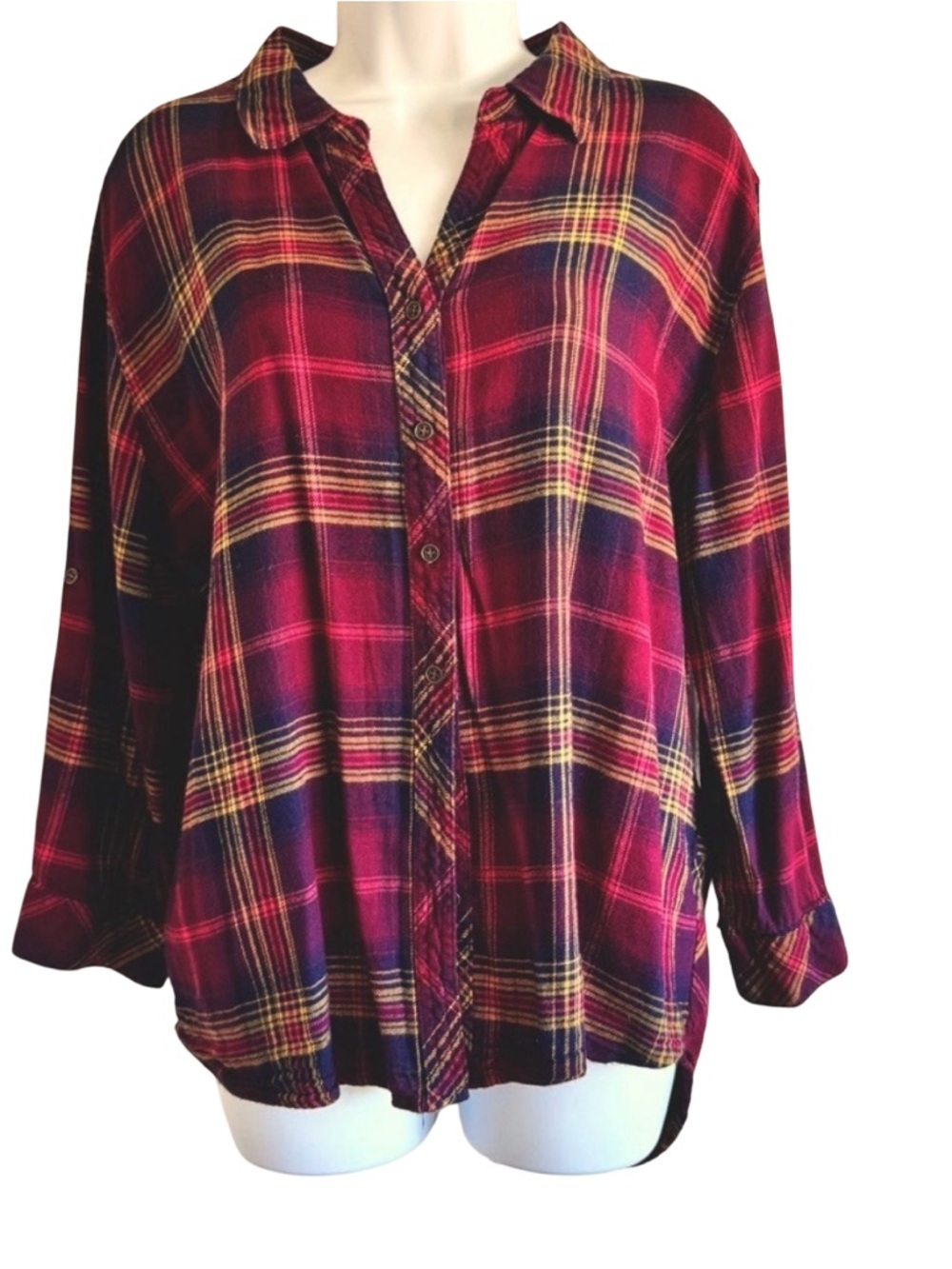Hester and Orchard Button Down Plaid flannel Asymmetrical Back Hem w/ Slit SzXL